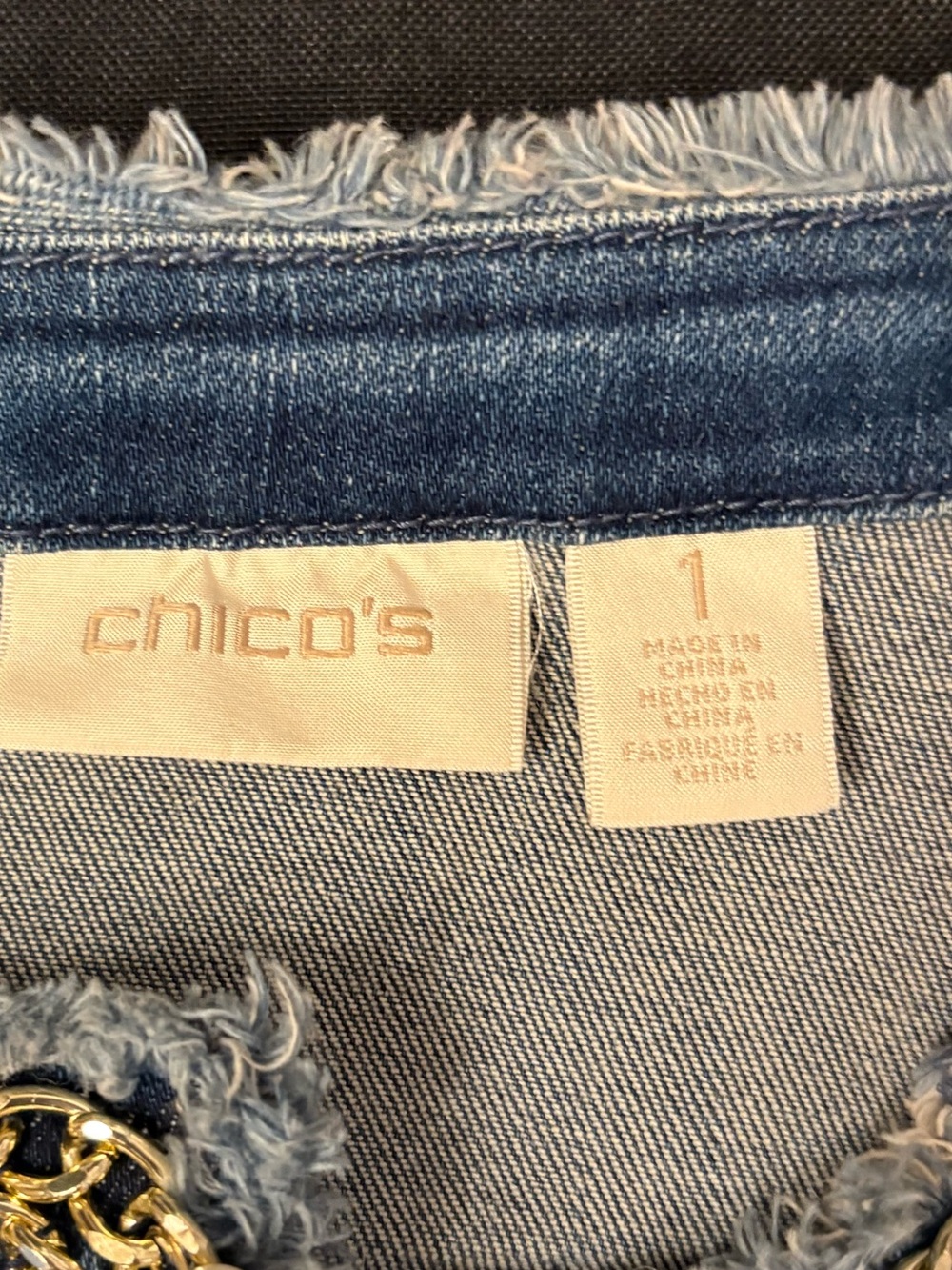 Chico's Light Blue Denim Jacket with Gold Chain Detail - Picture 4 of 7